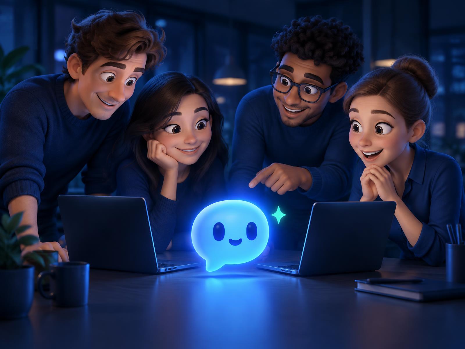 Four colleagues collaborate with an approachable AI assistant in their everyday work.