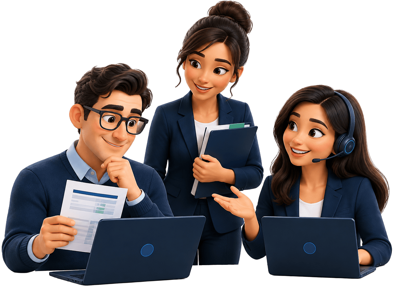 Three illustrated colleagues working with Inovia to improve a workflow