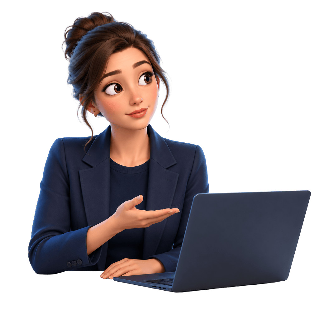 Illustrated employee working with Inovia at her laptop